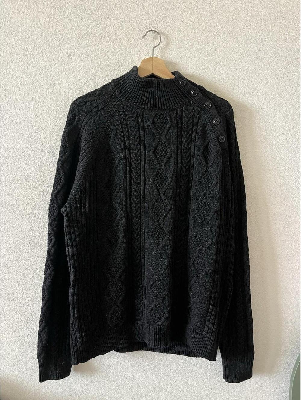 Wallace & Barnes Black Cable Knit Button Sweater XL